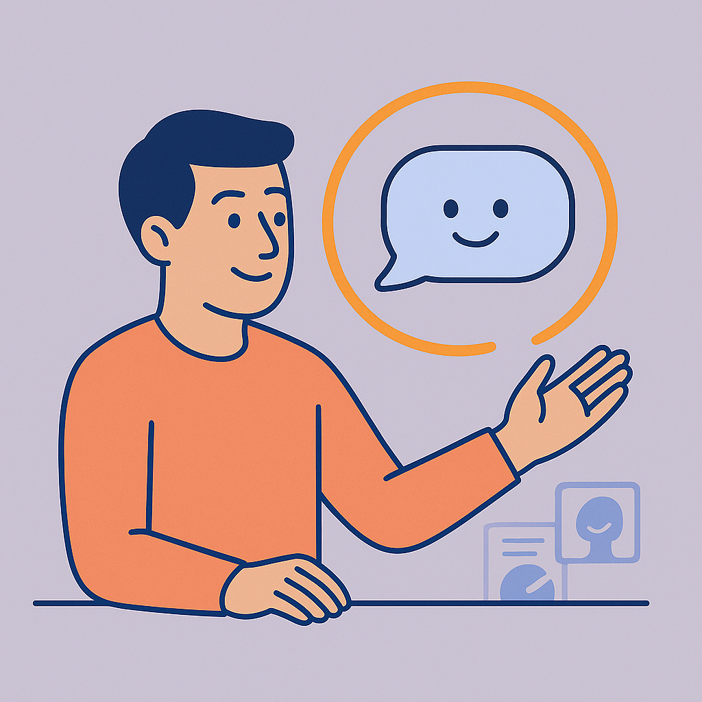 Person gesturing to a glowing smiling AI assistant inside a circle, with charts and check-ins symbolizing adaptive collaboration.