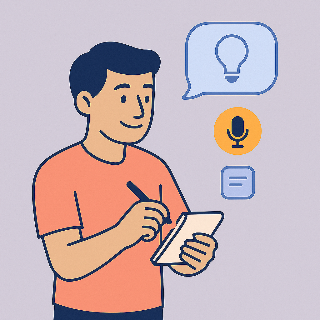 Person in coral shirt writing on a notepad with lightbulb, microphone, and text icons, representing idea capture in multiple formats.