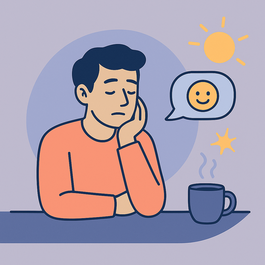 Tired person at a desk with coffee, confetti, sun, and smiling bubble showing mindful energy check-ins and positive reinforcement.