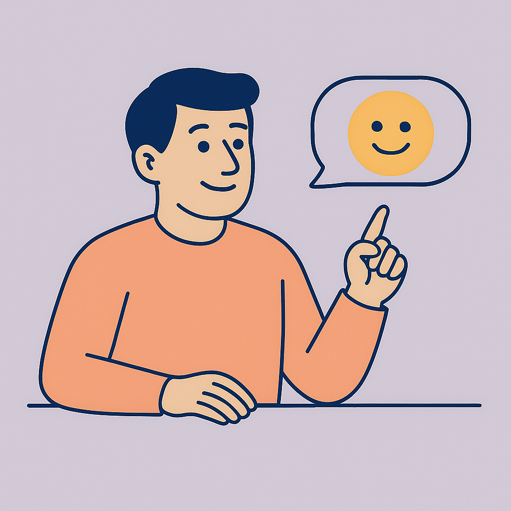 Person smiling while gesturing to a friendly AI assistant bubble, symbolizing collaboration with attached intelligence.