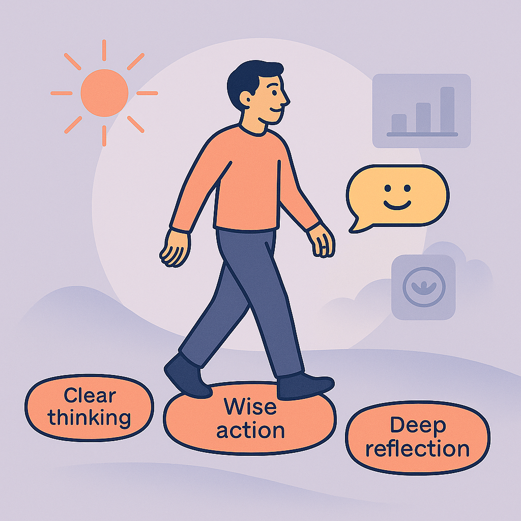 Man walking confidently across stepping stones labeled clear thinking, wise action, and deep reflection, with a smiling AI bubble beside him.