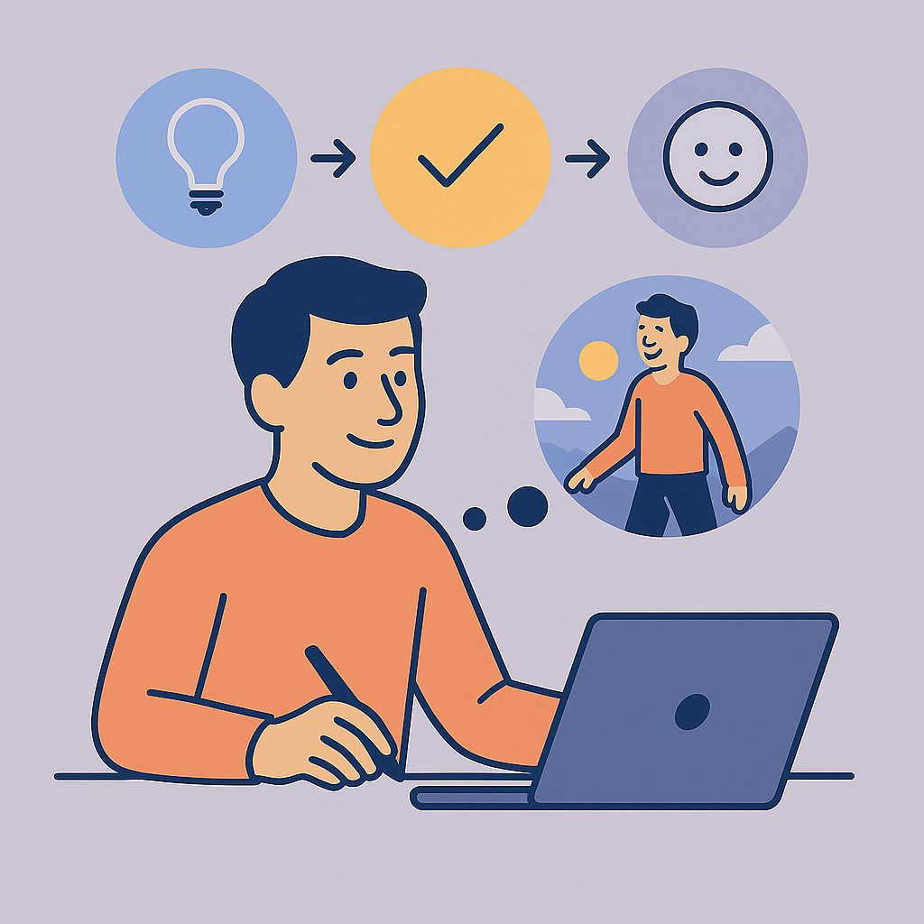 Person working on a laptop and imagining a future self walking calmly in nature, reflecting clear thinking and purpose-driven action.