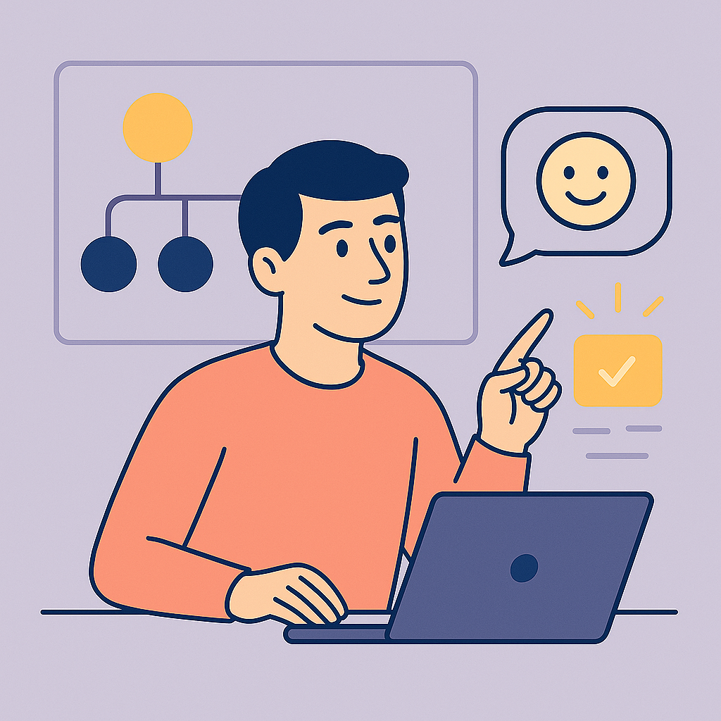 Person at laptop pointing to a smiling AI bubble, with a priority tree diagram behind, representing decision clarity and smart prompts.