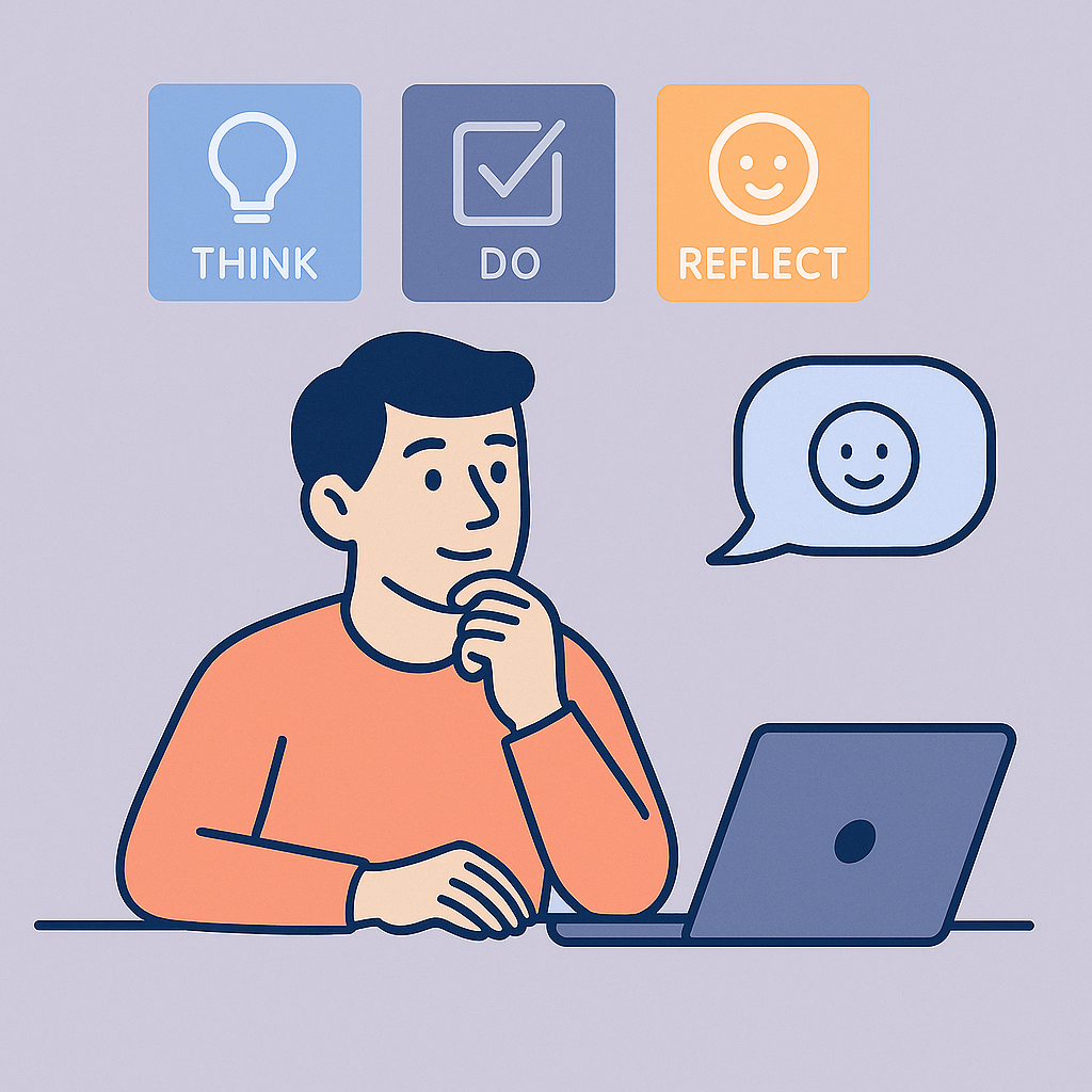 Man at laptop thoughtfully engaging with a smiling AI assistant, with THINK, DO, and REFLECT icons above representing intentional productivity.