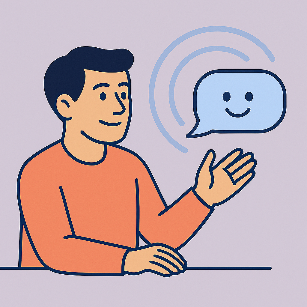 Man smiling and gesturing to an AI bubble partner, symbolizing collaborative thinking and support from attached intelligence.
