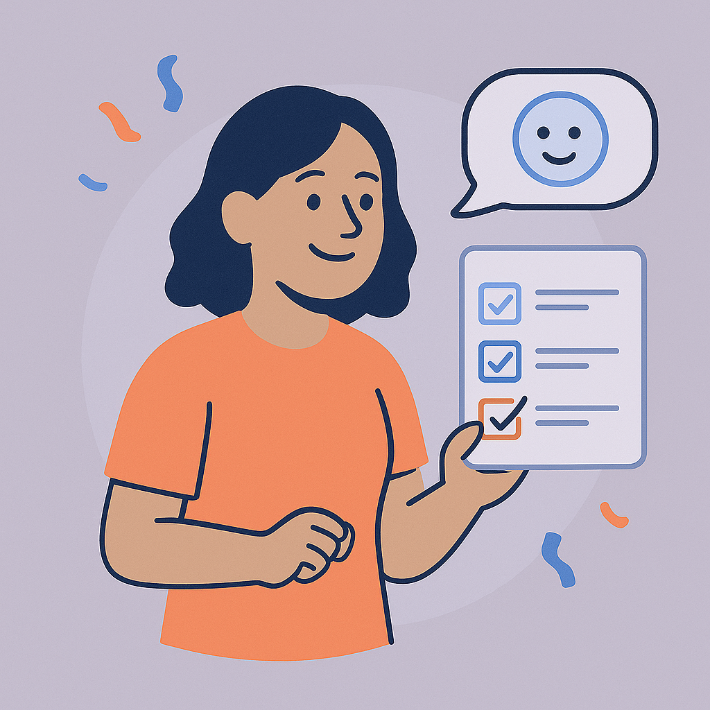 Woman happily holding a checklist with confetti around her, celebrating daily micro-wins and progress tracking.