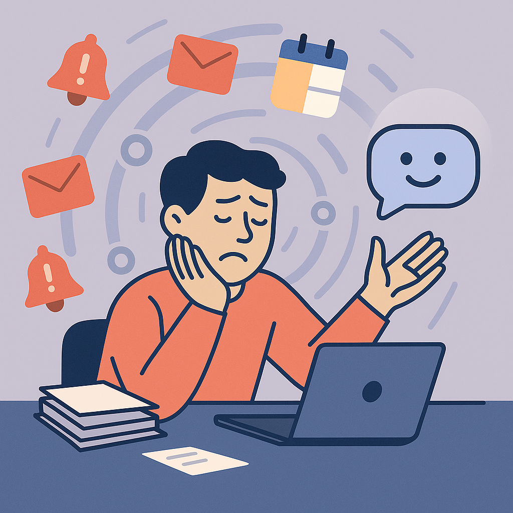 Man overwhelmed by notifications and to-do items, with a smiling AI assistant offering calm guidance and support.