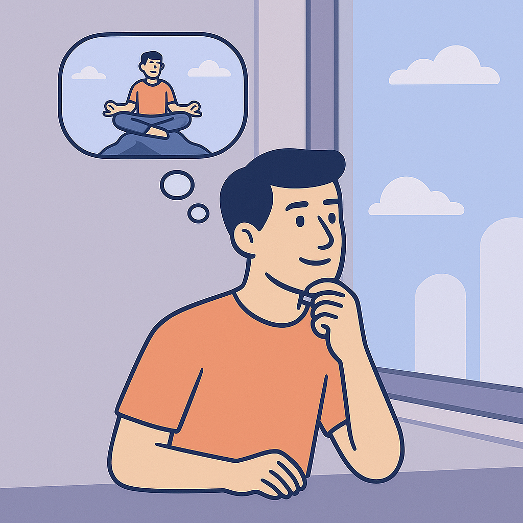 Man looking out a window, imagining himself meditating on a mountaintop, symbolizing reflection and an optimistic future powered by clarity.